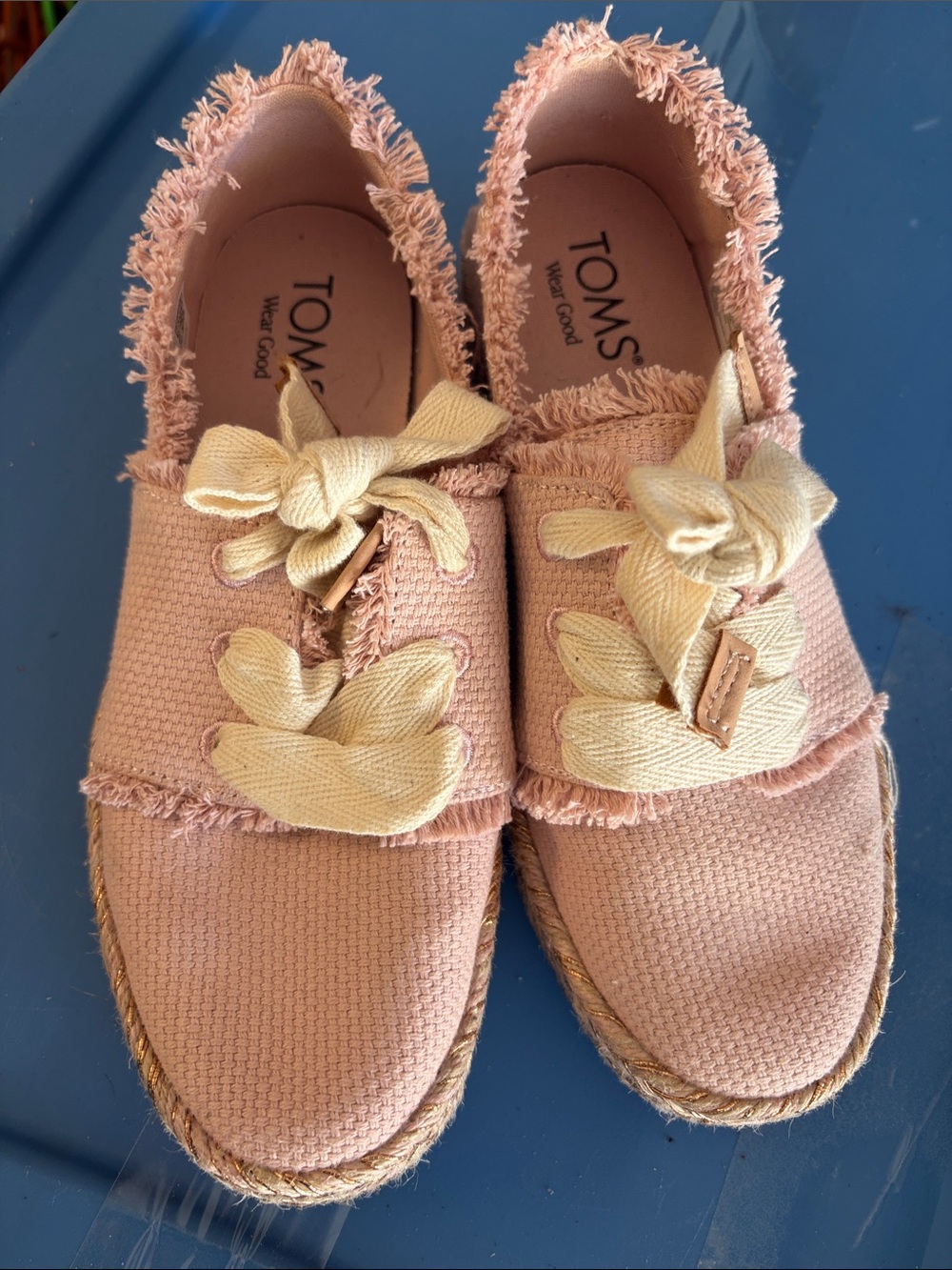 TOMS Blush Pink Frayed Espadrille Slip-On with Bow Detail